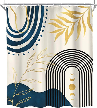 MESHELLY Navy Blue Boho Shower Curtain 60Wx72H Gold Leaves Moon Phase Minimalist Arch Bathroom Curtain Modern Bath Curtain Cloth Fabric Abstract Mid Century Bathroom Accessories Decor with 12 Hooks