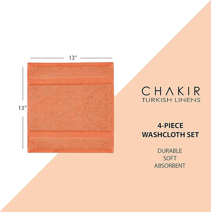 Chakir Turkish Linens | Hotel & Spa Quality 100% Cotton Premium Turkish Towels | Soft & Absorbent (4-Piece Washcloths, Coral)