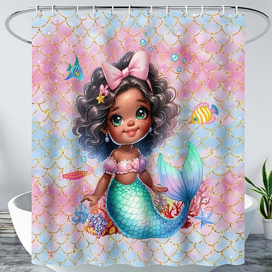 AILONEN Mermaid Shower Curtain,Cute Black Girls Mermaid Bath Curtain for Kids Girls,Ocean Fish Pink Mermaid Scale Print Shower Curtain for Bathroom Decor Waterproof with 12 Plastic Hooks, 72" W*96" H