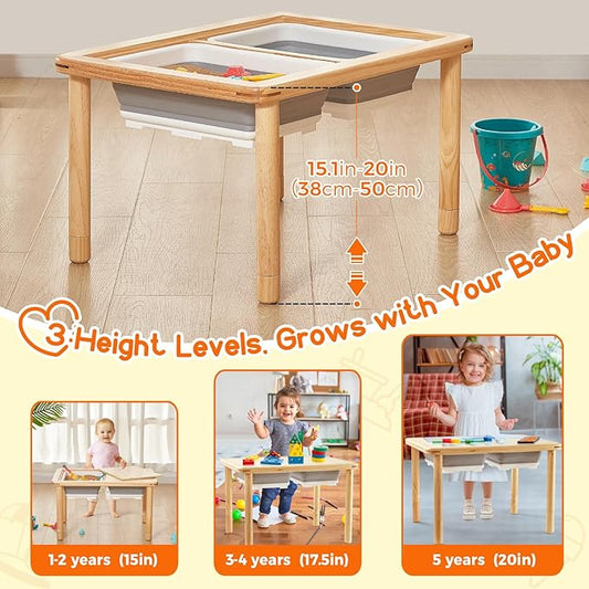 FUNLIO Wooden Sensory Table with 2 Bins for Toddlers 1-5, 3-Level Height Adjustable Kids Sensory Table with Anti-Warping Plywood Lid, Indoor/Outdoor Play Sand and Water Table, CPC Certified