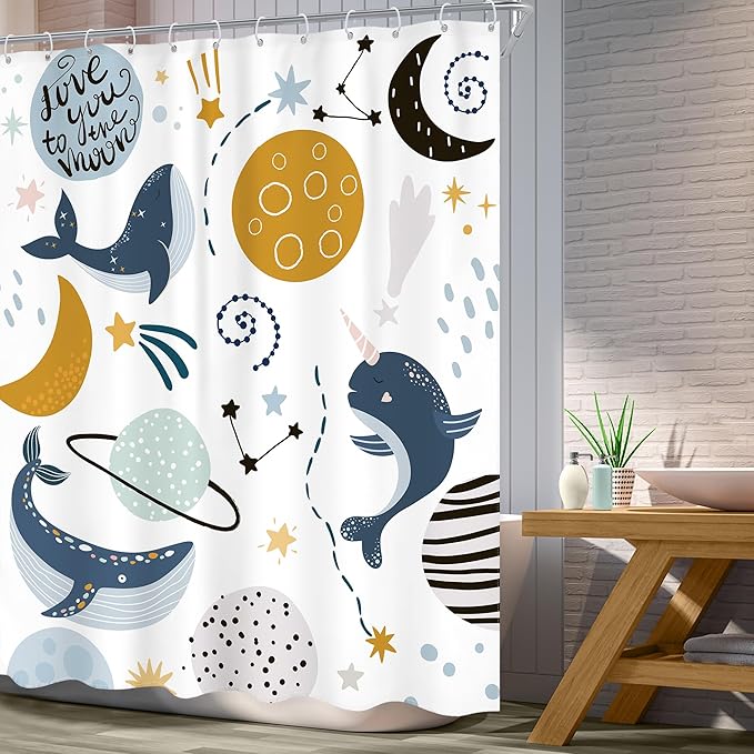 Kids Boys Whale Shower Curtain Space Ocean Cartoon Planet Cute Ocean Sea Animal Universe Galaxy Moon Stars Cool Cosmos Bathroom Set 60Wx72L Inch Bath Curtain Bathtub Accessories Home Decor