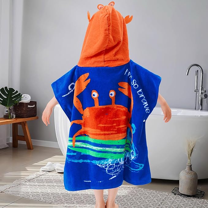 VOOVA & MOVAS Kids Towel Poncho with Hood (2-6Years) Cotton Poncho for Toddlers, Perfect for Swim | Surf | Shower | Birthday Gifts, Cape Crab Theme