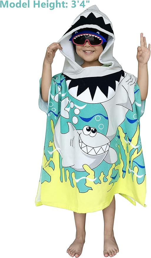 Wearable Towel for Kids Toddlers Bath Pool Beach Swim Poncho Cover-ups Swimwear for Little Boys Girls, Shark Theme with Bag