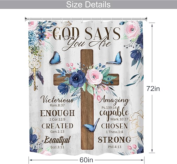 MESHELLY Christian Flower Shower Curtain 60Wx72H Rustic Farmhouse Cross Teal Bible Verse Scriptures Bathroom Curtain Inspiration Quote Bath Curtain Fabric Motivational Bathroom Decor with 12 Hooks