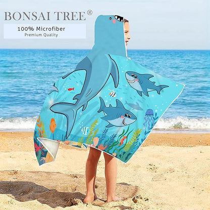 Shark Hooded Beach Towel for Kids, Cool Ocean Fishes Bath Towel with Hood for Boys, Funny Sea Animals Microfiber Super Absorbent Soft Poncho Bathrobe for Swin Pool 30”x50”