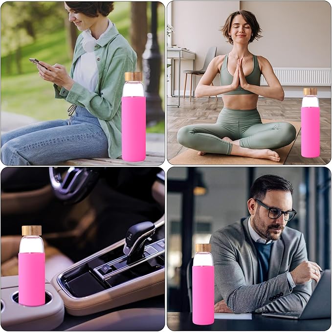 Laster Glass Water Bottle 20 Oz, 600 ml, made of Borosilicate Glass, 1 Bamboo & 1 Stainless Steel Lid, BPA Free, Non-Slip Silicone Sleeve (Barbie Pink)