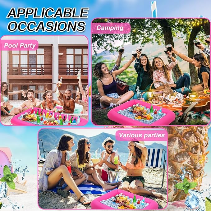 Leitee 4 Pcs Inflatable Ice Serving Bars Buffet Serving Tray Drink Cooler for Pool Party Inflatable Ice Tray Floating Food Drink Containers with Drain Plug and a Hand Pump, 2 Sizes (Pink)