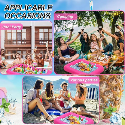 Leitee 4 Pcs Inflatable Ice Serving Bars Buffet Serving Tray Drink Cooler for Pool Party Inflatable Ice Tray Floating Food Drink Containers with Drain Plug and a Hand Pump, 2 Sizes (Pink)
