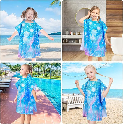 Kids Beach Towels for Girls, Unicorn Hooded Beach Pool Towels for Kids, Ultra Soft & Super Absorbent Kids Toddler Poncho Towels for 3-8 Years, 24"x24" (Blue Mermaid)
