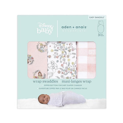 aden + anais, Cotton Knit Baby Wrap, Newborn Wearable Swaddle Blanket, 3 Pack, Disney Princess, 0-3 Months
