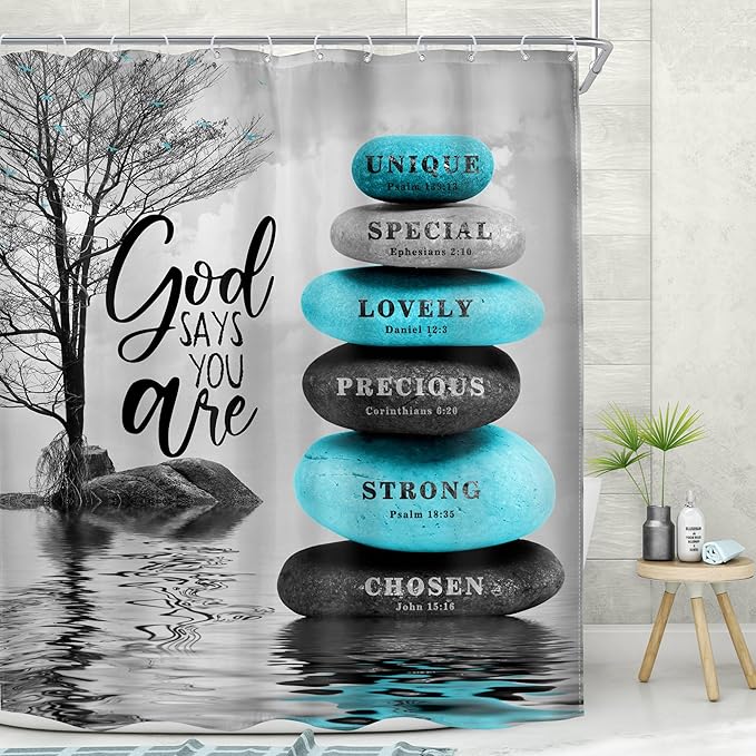 MESHELLY Zen Stone Bible Verse Shower Curtain 60Wx72H Teal Blue Spa Relaxing Meditation Massage Quotes Bathroom Curtain Black Tree Inspirational Bath Curtain Gray Bathroom Decor Fabric with 12 Hooks