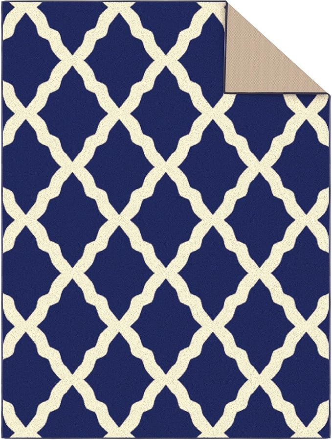 Ottomanson Glamour Collection Non-Slip Rubberback Moroccan Trellis Design 5x7 Indoor Area Rug, 5' x 6'6", Navy