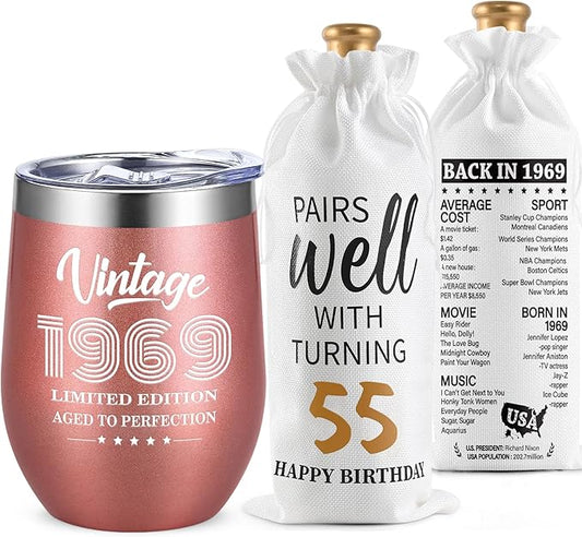 Lifecapido 55th Birthday Gifts for Women, Vintage 1969 Limited Edition Insulated Wine Tumbler with Wine Bag, 55 Year Old 55th Birthday Presents Christmas Gifts for Friends Mom Aunt Wine Lover, 12 oz