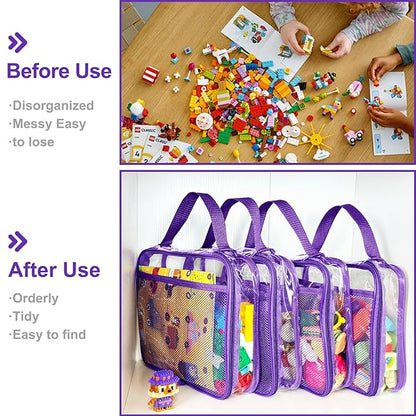 VERONLY 4 Packs PVC Toy Zippered Blocks, Travel Storage Case Bags for Organizing, Waterproof Toy Storage Bags with Mesh Pockets for Building Blocks, Puzzles, Clays,Toy Cars 11.8" Lx3 Wx9 H (Purple).