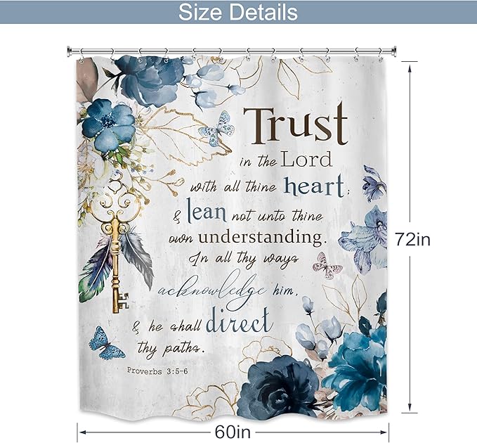 MESHELLY Christian Shower Curtain 60Wx72H Bible Verse Rustic Farmhouse Teal Flower Bathroom Curtain Scriptures Floral Bath Curtain Fabric Inspirational Quote Motivational Bathroom Decor with 12 Hooks