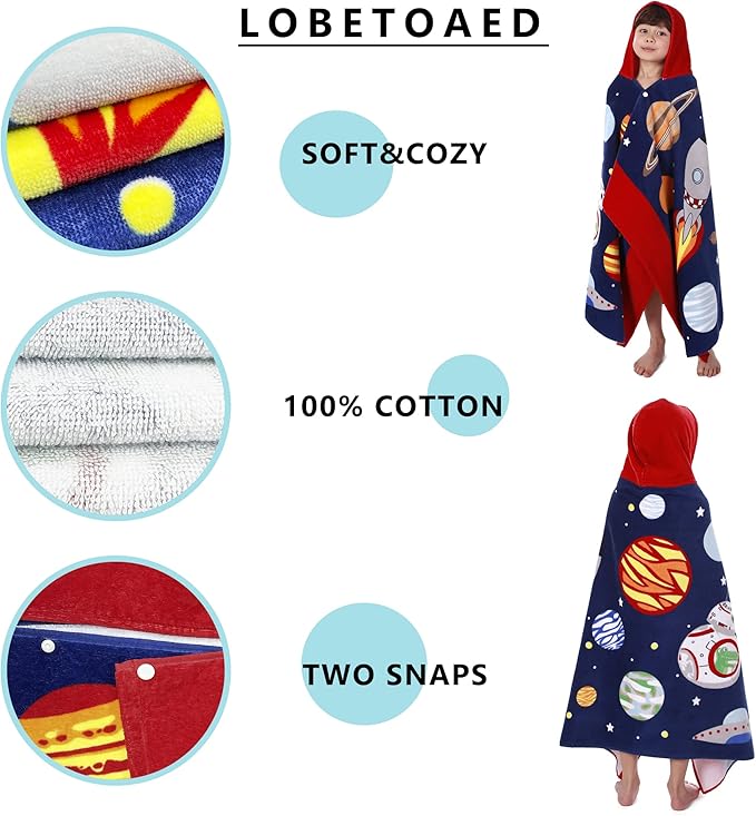 Kids Hooded Beach Bath Towel, Baby Surf Poncho Toddlers Soft Real Cotton Wrap Hooded Towels for Kids Boy Girl