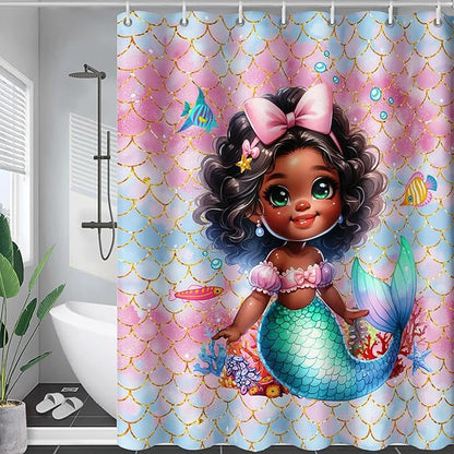 AILONEN Mermaid Shower Curtain,Cute Black Girls Mermaid Bath Curtain for Kids Girls,Ocean Fish Pink Mermaid Scale Print Shower Curtain for Bathroom Decor Waterproof with 12 Plastic Hooks, 72" W*96" H
