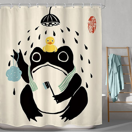 LGhtyro Funny Frog Shower Curtain Bathroom Set 60Wx71H Inches Cute Animal Bath Asian Style Traditional Japanese Art Rubber Duck Bath Accessories Retro Black Beige Art Home Decor Fabric 12 Pack Hooks