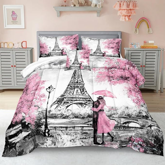 Bedbay Eiffel Tower Comforter Set Queen Size Pink Paris Bedding Romantic Couple Lovers Printed Girls Women Comforter Set Pink and Grey Soft Lightweight French Style Duvet Set (Pink,Queen)