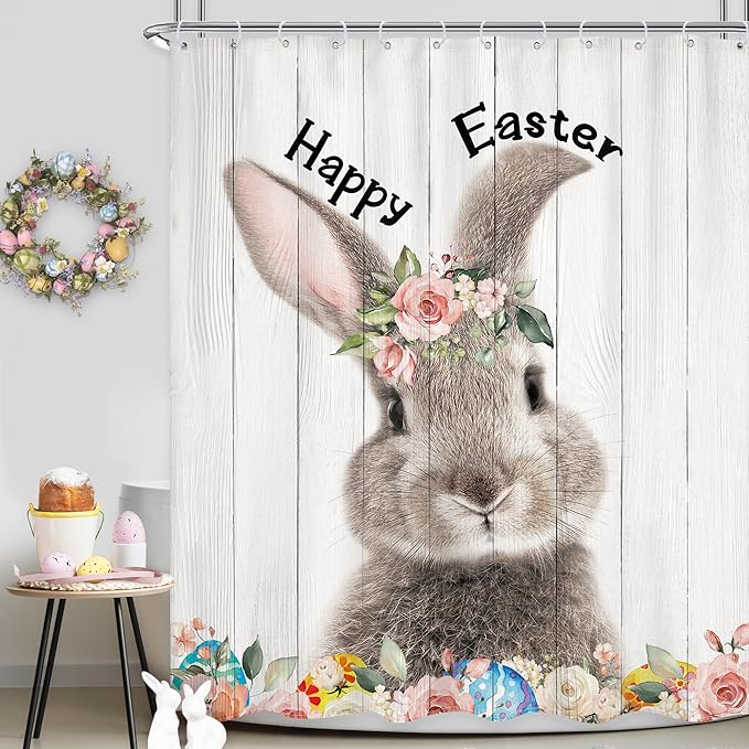 Happy Easter Rabbit Bunny Shower Curtain 60Wx72L Inch Rustic Cute Animal Spring Kids Wood Board Flower Floral Shower Curtain Bathroom Set Country Bath Curtain Bathtub Accessories Home Decor