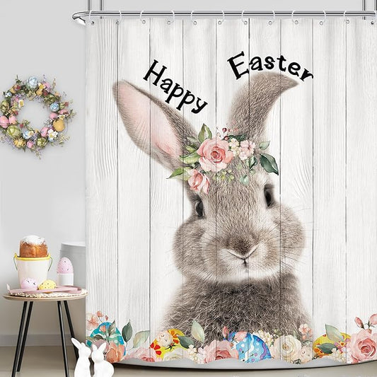 Happy Easter Rabbit Bunny Shower Curtain 60Wx72L Inch Rustic Cute Animal Spring Kids Wood Board Flower Floral Shower Curtain Bathroom Set Country Bath Curtain Bathtub Accessories Home Decor