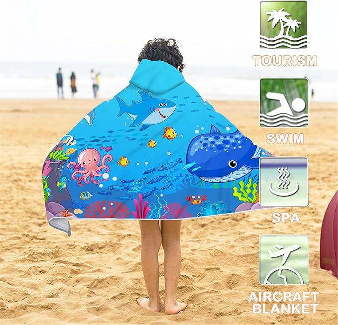 Blue Sea World Hooded Beach Towel for Kids, Cute Bath Towel with Hood, Boy Microfiber Super Absorbent Soft Poncho Bathrobe for Swin Pool 30”x50”
