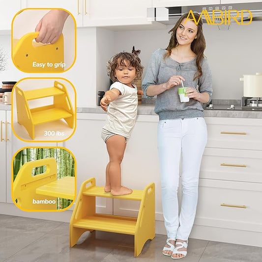 AMBIRD Wooden Step Stool, Two Step Stools Toddler 400 lbs Capacity with Safety Non-Slip Pads and Handles, Bamboo Step Stool for Bathroom, Kitchen Step Stools Dual Height Step Stools for Kids (Yellow)