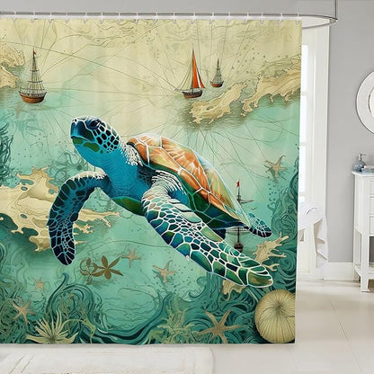 Feelyou Sea Turtle Shower Curtain 72"x72" Kids Sailboat Printed Bathroom Shower Curtain Set for Boys Girls Teens Ocean Themed Bath Curtain Marine Life Sealife Bathroom Accessories