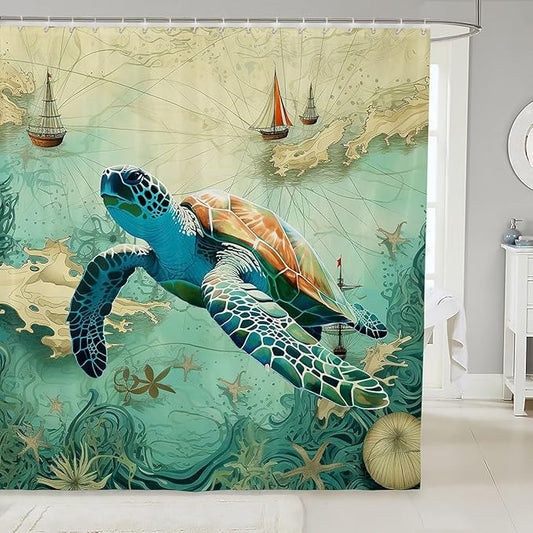 Feelyou Sea Turtle Shower Curtain 72"x78" Kids Sailboat Printed Bathroom Shower Curtain Set for Boys Girls Teens Ocean Themed Bath Curtain Marine Life Sealife Bathroom Accessories