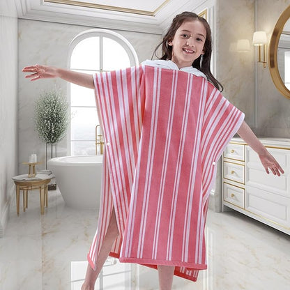 VOOVA & MOVAS Big Girl | Teens Towels with Hood (8-16Years), Large Thick and Absorbent Cotton Hooded Pool Towel Robe- Versatile for Pool, Swim, and Bath, Pink and White Cabana Striped