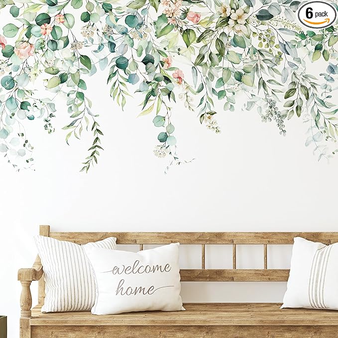Zonon Flowers Wall Decals Vinyl Dragonflies Flowers Wall Stickers Removable Floral Wall Murals Peel and Stick Colorful Flower Wall Decor for Bedroom Living Room Nursery(Greenery)