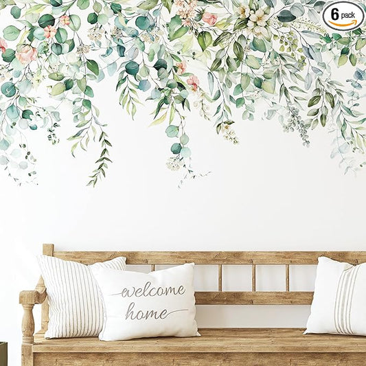 Zonon Flowers Wall Decals Vinyl Dragonflies Flowers Wall Stickers Removable Floral Wall Murals Peel and Stick Colorful Flower Wall Decor for Bedroom Living Room Nursery(Greenery)