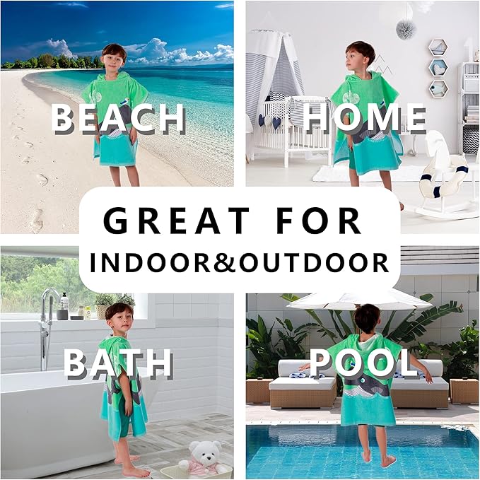 Kids Hooded Beach Bath Towel, Baby Surf Poncho Toddlers Soft Real Cotton Wrap Hooded Towels for Kids Boy Girl
