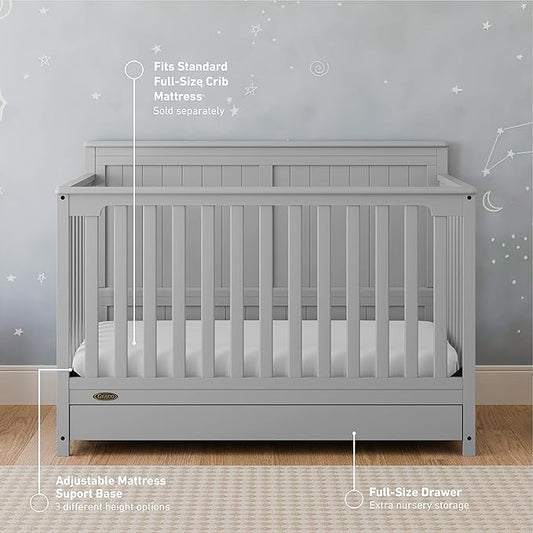 Graco Hadley 5-in-1 Convertible Crib with Drawer (Pebble Gray) – GREENGUARD Gold Certified, Crib with Drawer Combo, Full-Size Nursery Storage Drawer, Converts to Toddler Bed, Daybed