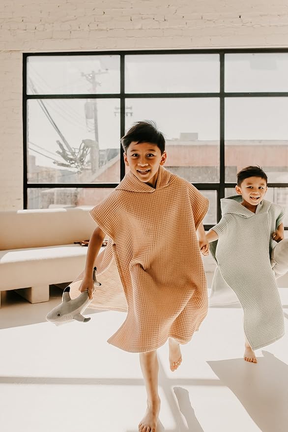 Hooded Towel for Kids | Snaps into a Poncho | Organic Cotton Waffle | Lightweight and Absorbent | Bath, Beach, and Pool | Multiple Colors | (Large (6-10 Yrs), Sand)