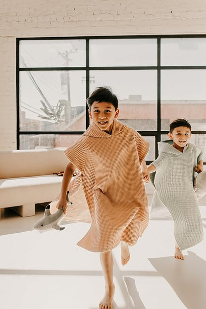 Hooded Towel for Kids | Snaps into a Poncho | Organic Cotton Waffle | Lightweight and Absorbent | Bath, Beach, and Pool | Multiple Colors | (Large (6-10 Yrs), Sand)