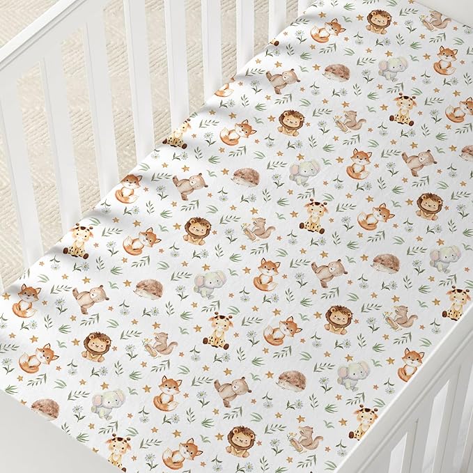 Horaldaily 2 Pack Fitted Crib Sheet for Boys Girls,Soft Breathable Washable Jersey Microfiber Baby Crib Sheet, Fits Standard Size Crib Mattress 28in x 52in, Cute Animals Nursery Sheet Grey/White