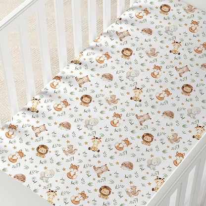 Horaldaily 2 Pack Fitted Crib Sheet for Boys Girls,Soft Breathable Washable Jersey Microfiber Baby Crib Sheet, Fits Standard Size Crib Mattress 28in x 52in, Cute Animals Nursery Sheet Grey/White