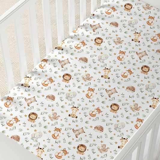 Horaldaily 2 Pack Fitted Crib Sheet for Boys Girls,Soft Breathable Washable Jersey Microfiber Baby Crib Sheet, Fits Standard Size Crib Mattress 28in x 52in, Cute Animals Nursery Sheet Grey/White