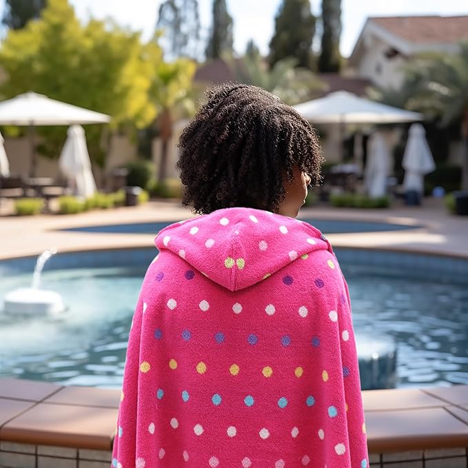 Hooded Bath Towel Wrap - 100% Cotton Jacquard Reversible Large Hooded Kids Towel - Toddler Shower Pool Beach Towel - Soft Plush Absorbent Quick Dry Easy Care Gift -26x50- Pink Multicolor
