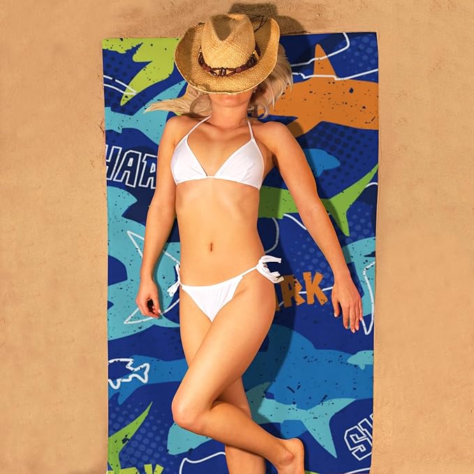 Microfiber Beach Towel, Colorful Sharks Beach Towels for Women Men, Extra Large 29.5” X 59”, Quick Drying Lightweight Sand Free Bath Swim Towel