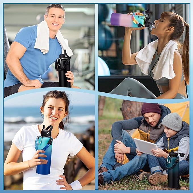 Water Bottle with Straw - 40 oz Stainless Steel Water Bottles, Big Water Jug Vacuum Insulated Waterbottle with Paracord Handle, Straw / Auto Spout Lid, Strap Sleeve, Metal Reusable Water Bottle Black