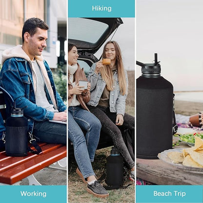 Water Bottle Holder Carrier Bag Crossbody with Adjustable Shoulder Strap, 64 128 oz Sports Water Bottle Sleeve Accessories for Biking Hiking Travelling Camping, Black