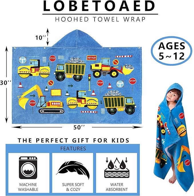 Kids Hooded Beach Bath Towel, Baby Surf Poncho Toddlers Soft Real Cotton Wrap Hooded Towels for Kids Boy Girl