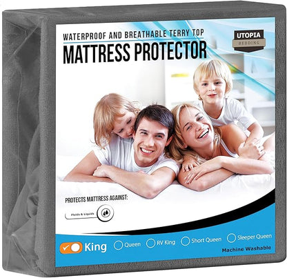 Utopia Bedding Waterproof Mattress Protector King Size, Premium Terry Mattress Cover 200 GSM, Breathable, Fitted Style with Stretchable Pockets (Gray)