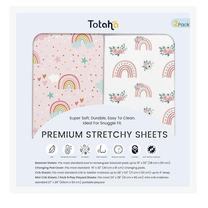 TotAha Premium Soft Pack n Play Sheets, Super Stretchy Jersey Knit Mini Crib Sheets Fitted, Silky Comfort Pack and Play Mattress Sheets, 2 Pack (Rainbow)