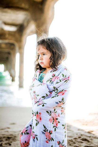 Little Unicorn Cotton Muslin & Terry Hooded Towel, Larger Size 1-6 Years (Watercolor Roses)