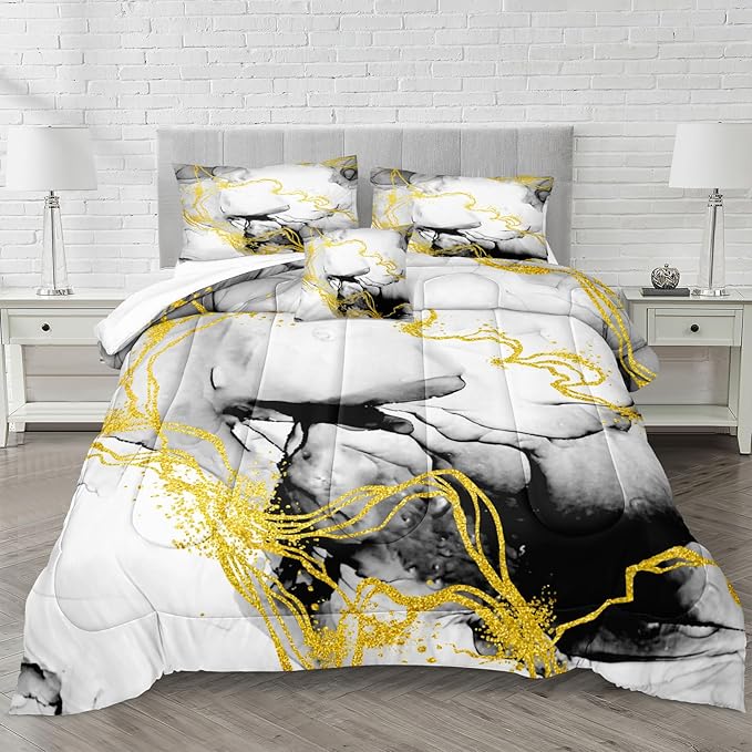 Bedbay Marble Comforter Set Queen Size Watercolor Bedding Black and Gold Bedding Duvet Set Abstract Marble Texture 4 Pieces Soft Microfiber Lightweight Down Alternative Comforter(Ink,Queen)