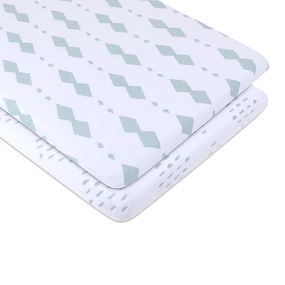 Bassinet Sheets Fitted Cover - Flexible Fit 100% Soft Jersey Knit Cotton - Neutral Grey Sage Diamond - 2 Pack Set