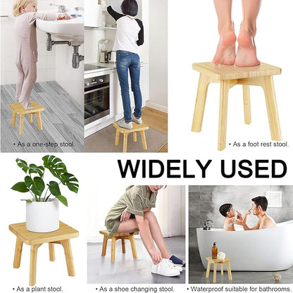 Bamboo Wood Step Stool - Foot Stool - Small Adults Kids Step Stools Anti-slip Sturdy Durable Kitchen Bathroom Bedroom Steps for High Beds Holds Up to 350lbs (Medium Square)